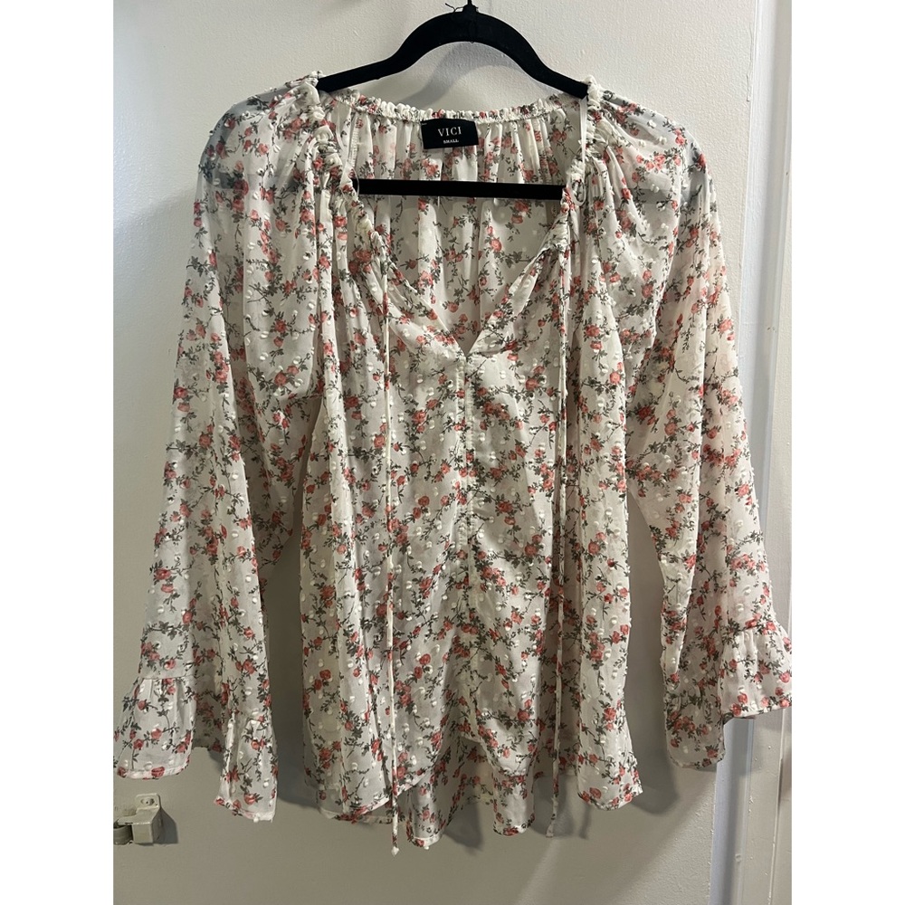 Vici Elsewhere Floral Swiss Dot Blouse
